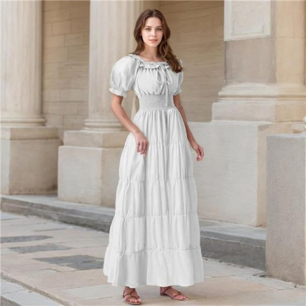 White Off Shoulder Long Dress Renaissance Medieval Pirate Halloween Cosplay - Picture 3 of 6